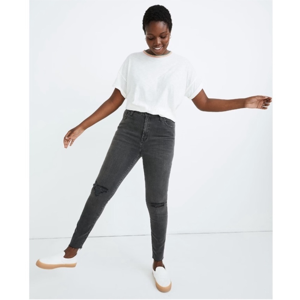 Madewell Washed Black High-Rise Skinny Jeans with Knee Rips